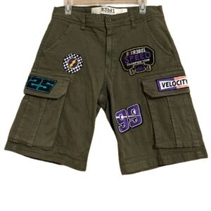 R3BEL Men’s Green Multi Stretch Fit PATCH TWILL SAND CARGO SHORTS Sz-32